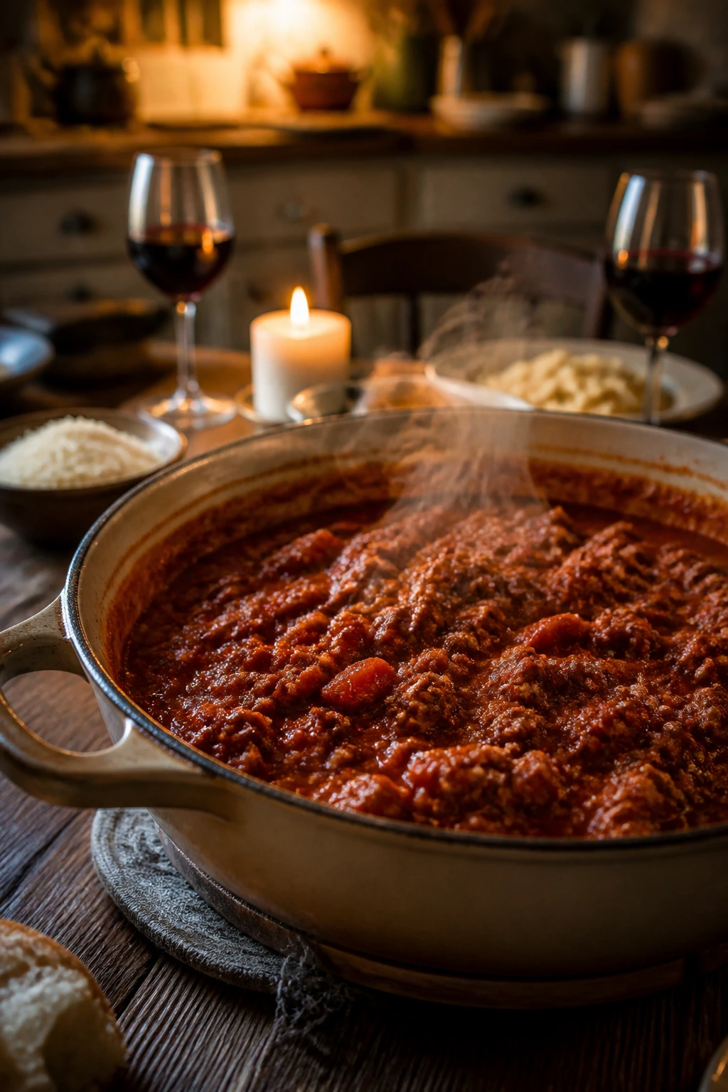 Steaming ragù in a rustic pot on a warm wooden table