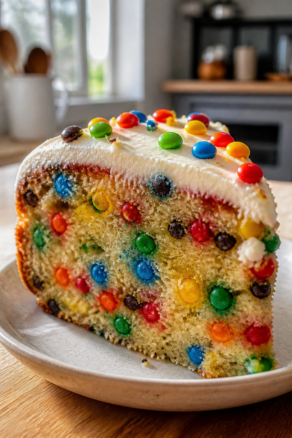 Close-up of rainbow candy cake slice with colorful candy pieces on a plate in a sunlit kitchen
