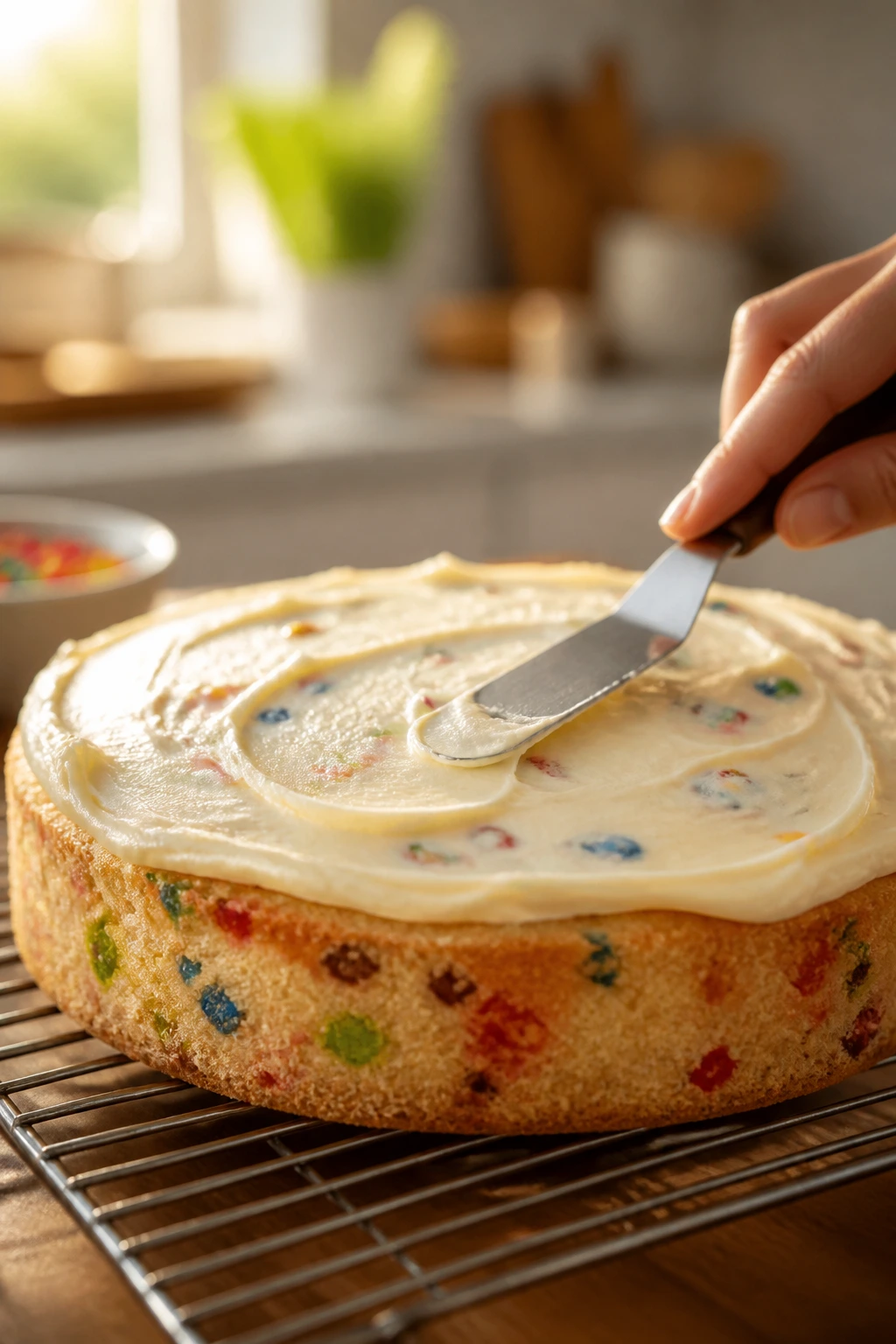 Close-up of rainbow candy cake being frosted in a sunlit kitchen