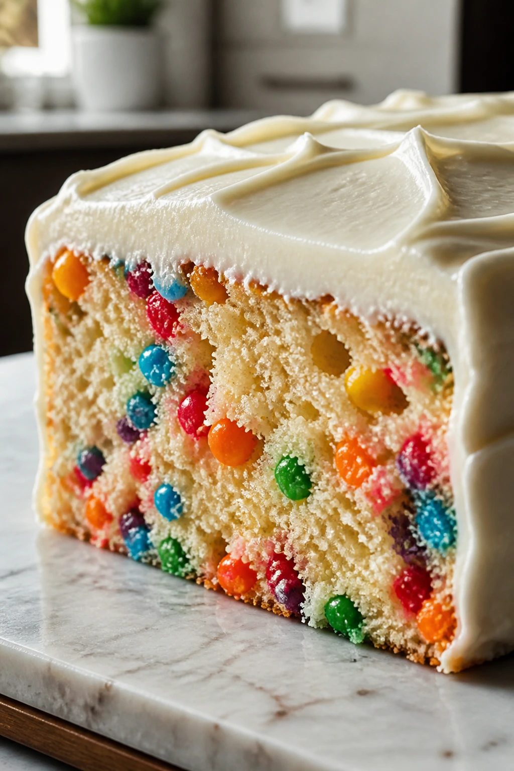 Close-up of moist rainbow candy cake with cream cheese frosting on a kitchen counter
