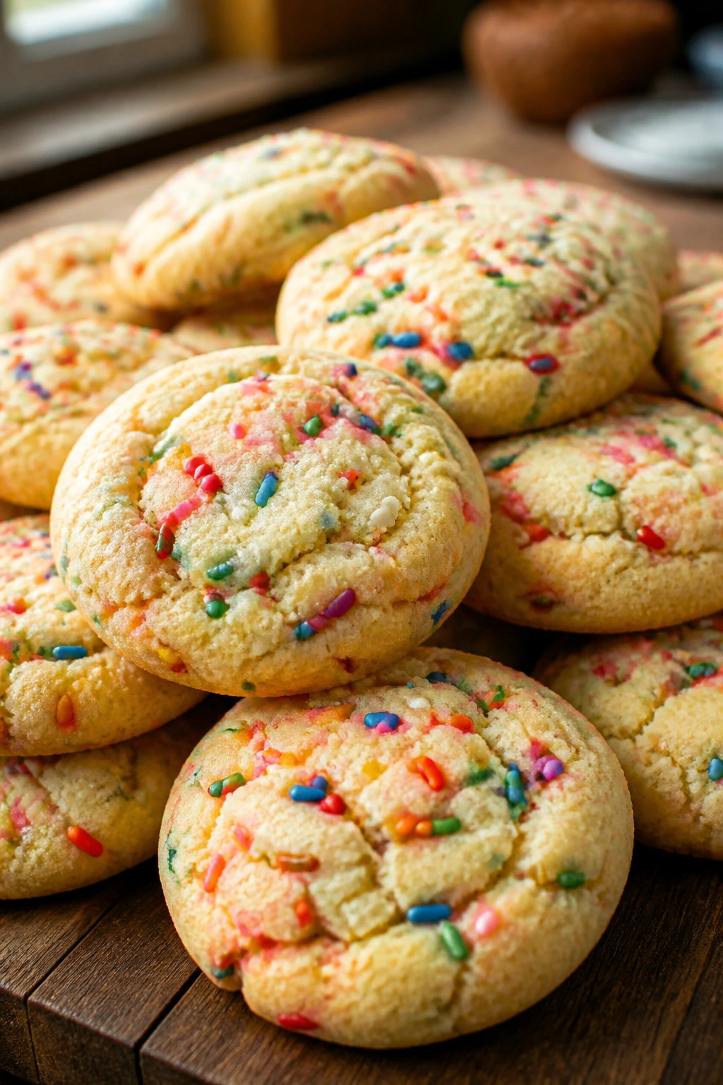 Close-up of rainbow sugar cookies with soft centers on wooden counter