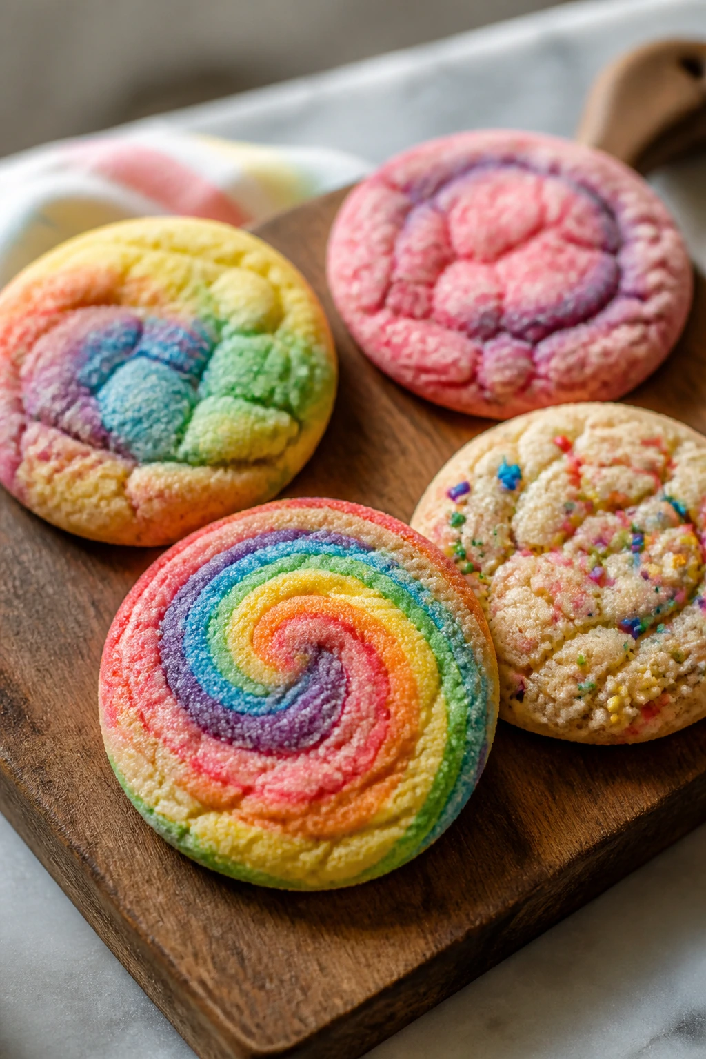 Assorted rainbow cookies showing different colors and textures