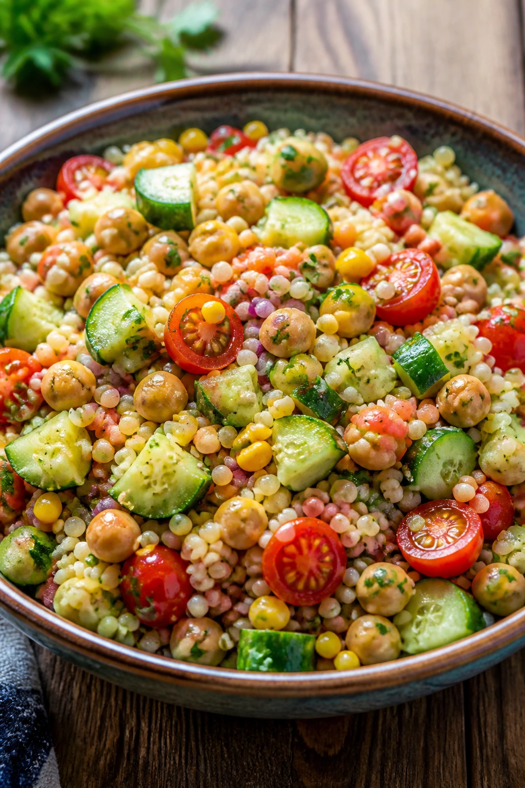Close-up of colorful Rainbow Couscous Salad in a bowl on a wooden table.