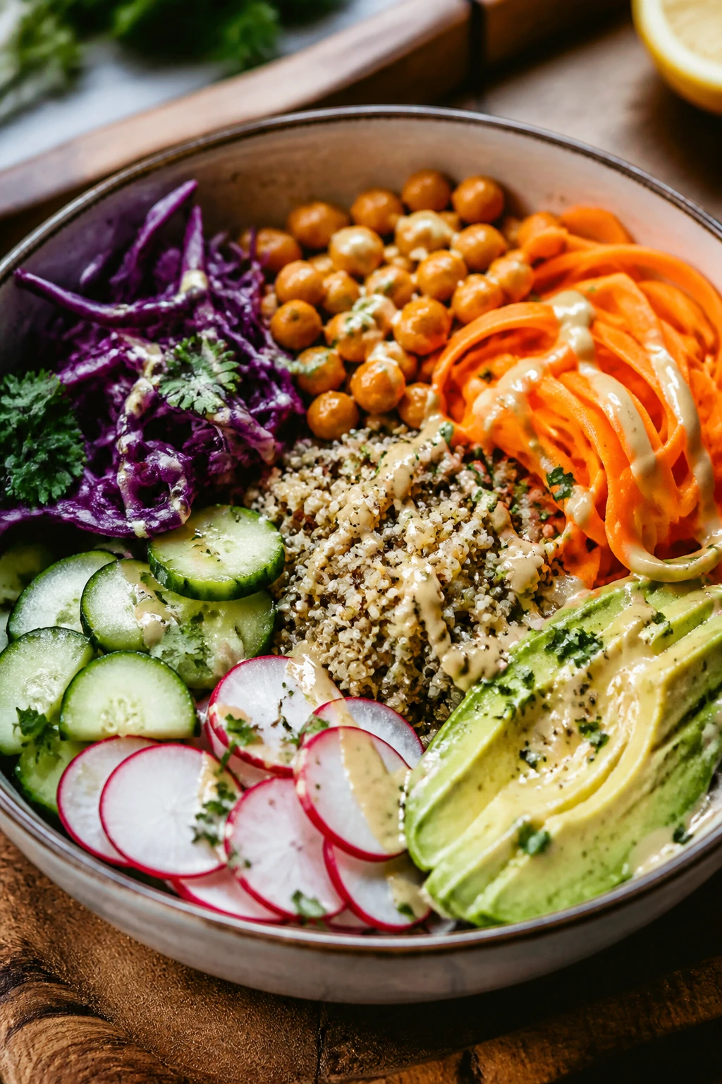 Close-up Rainbow Crunch Buddha Bowl with quinoa, veggies, avocado, and tahini dressing