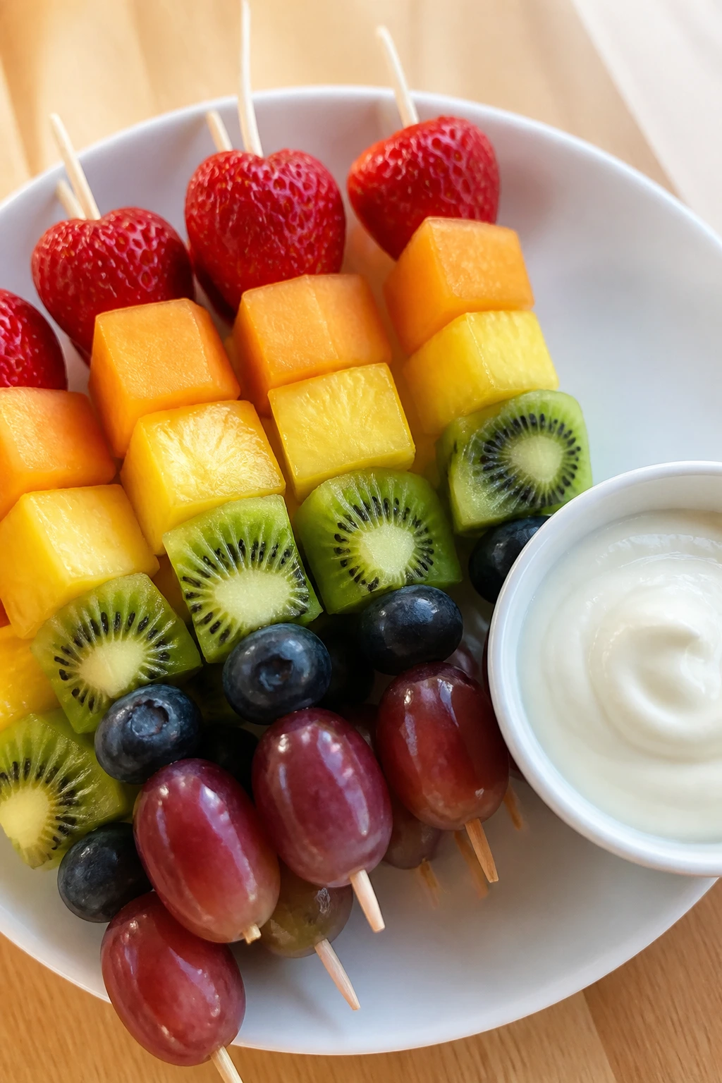 Close-up of rainbow fruit skewers with yogurt dip on plate