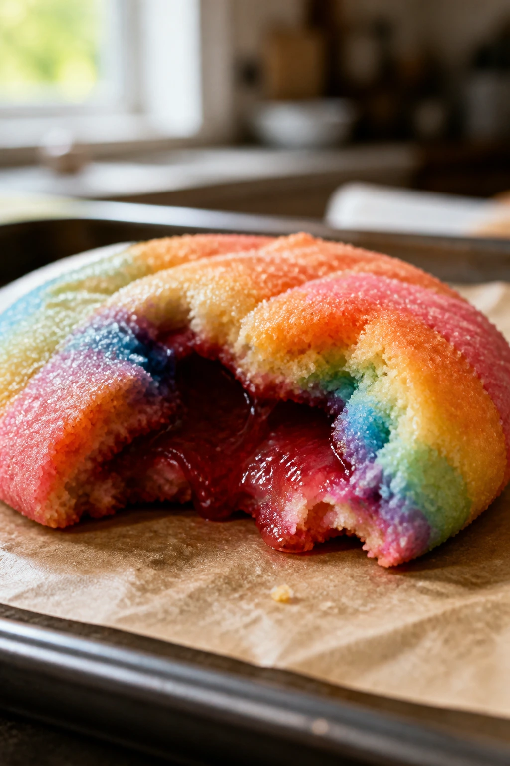 Close-up of a rainbow jam-filled cookie broken open to reveal jam center on parchment