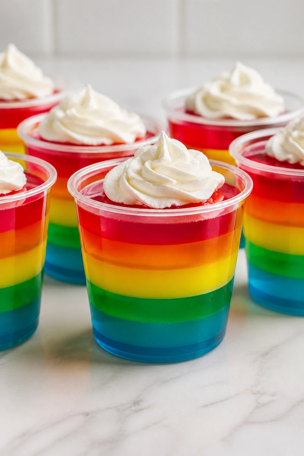 Rainbow layered Jell-O cups with whipped topping