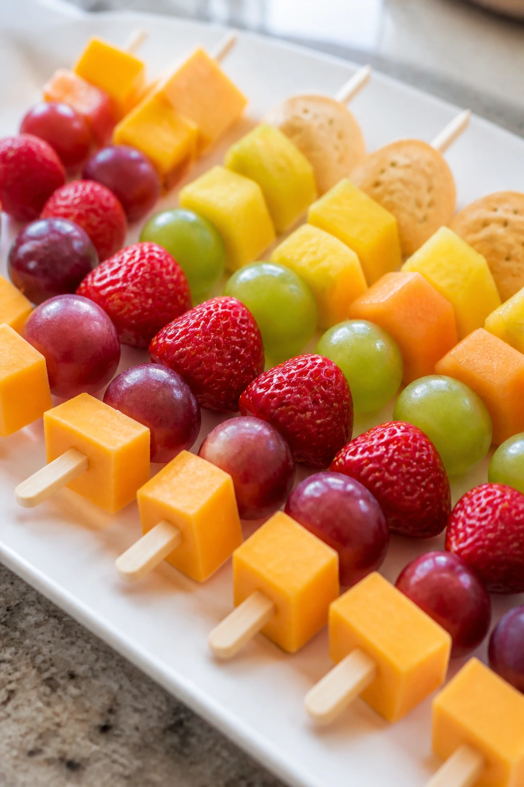 Close-up of rainbow snack kabobs with cheese, fruit, and crackers