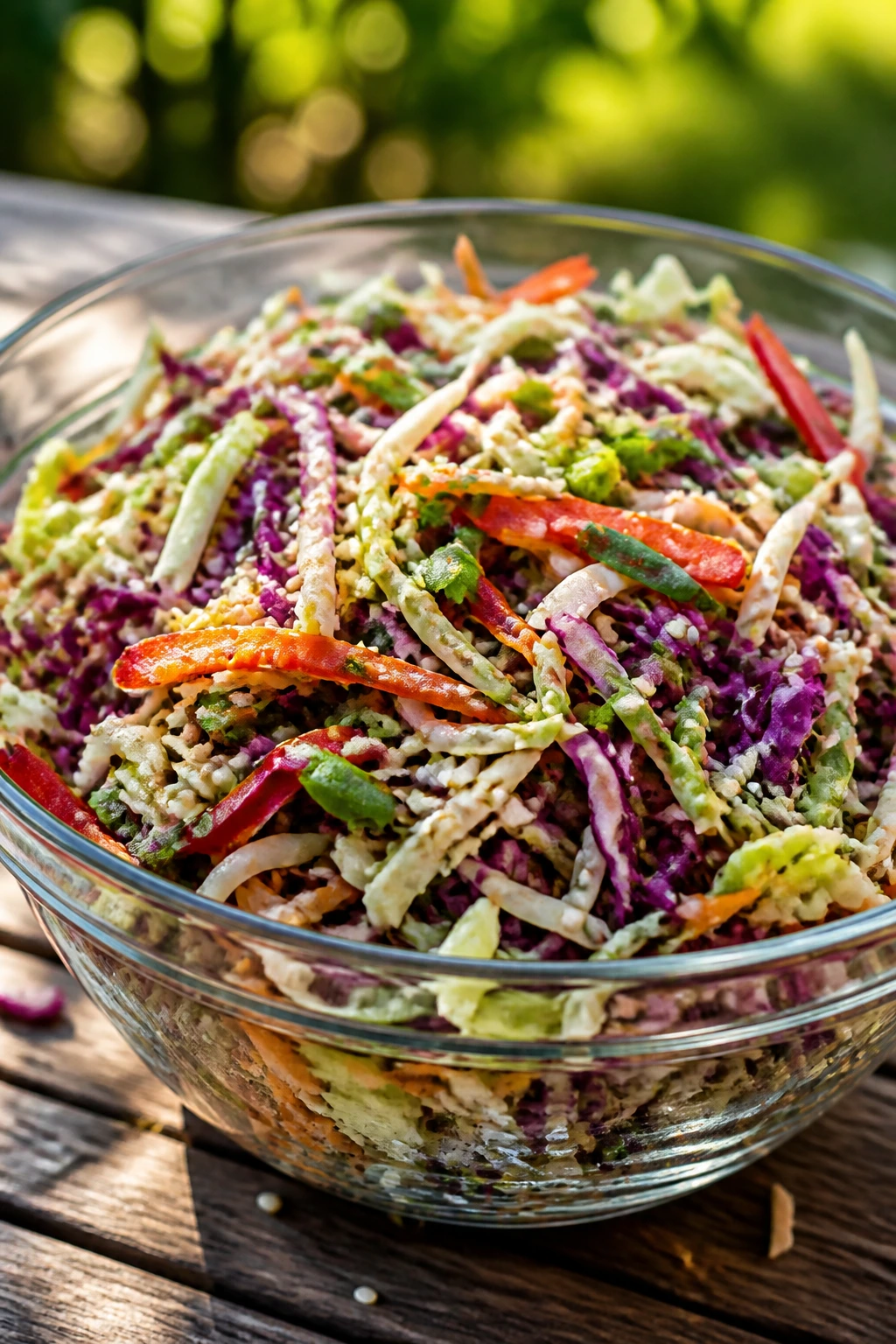 Close-up of rainbow slaw with sesame dressing in a glass bowl on a wooden picnic table