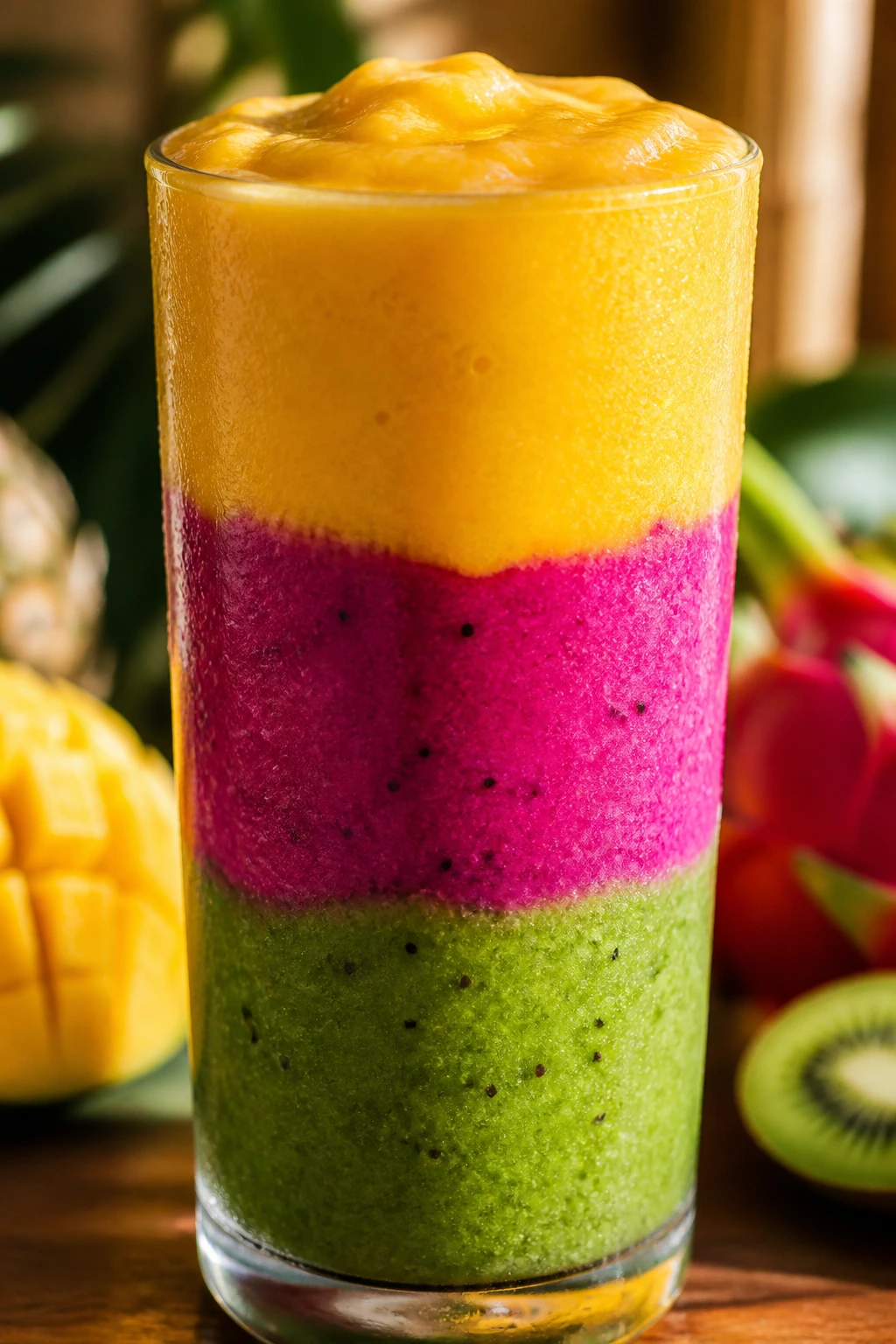 Three-layer rainbow smoothie in a tall glass with yellow, pink, and green layers