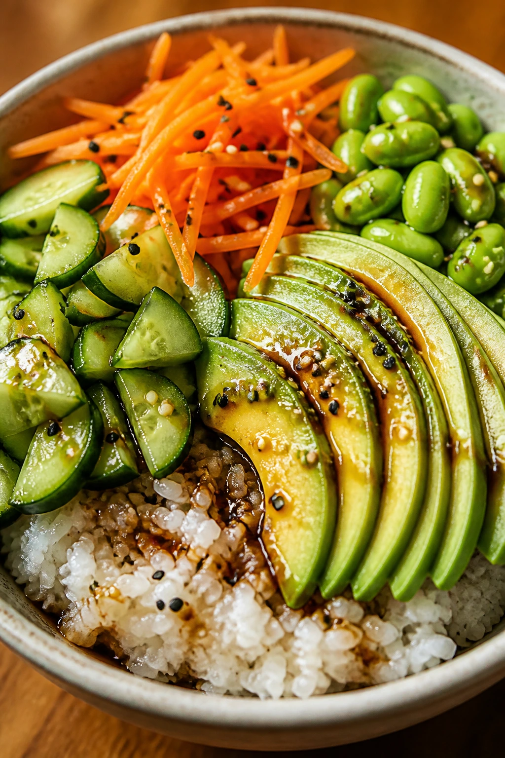 Vibrant rainbow sushi bowls with colorful vegetables