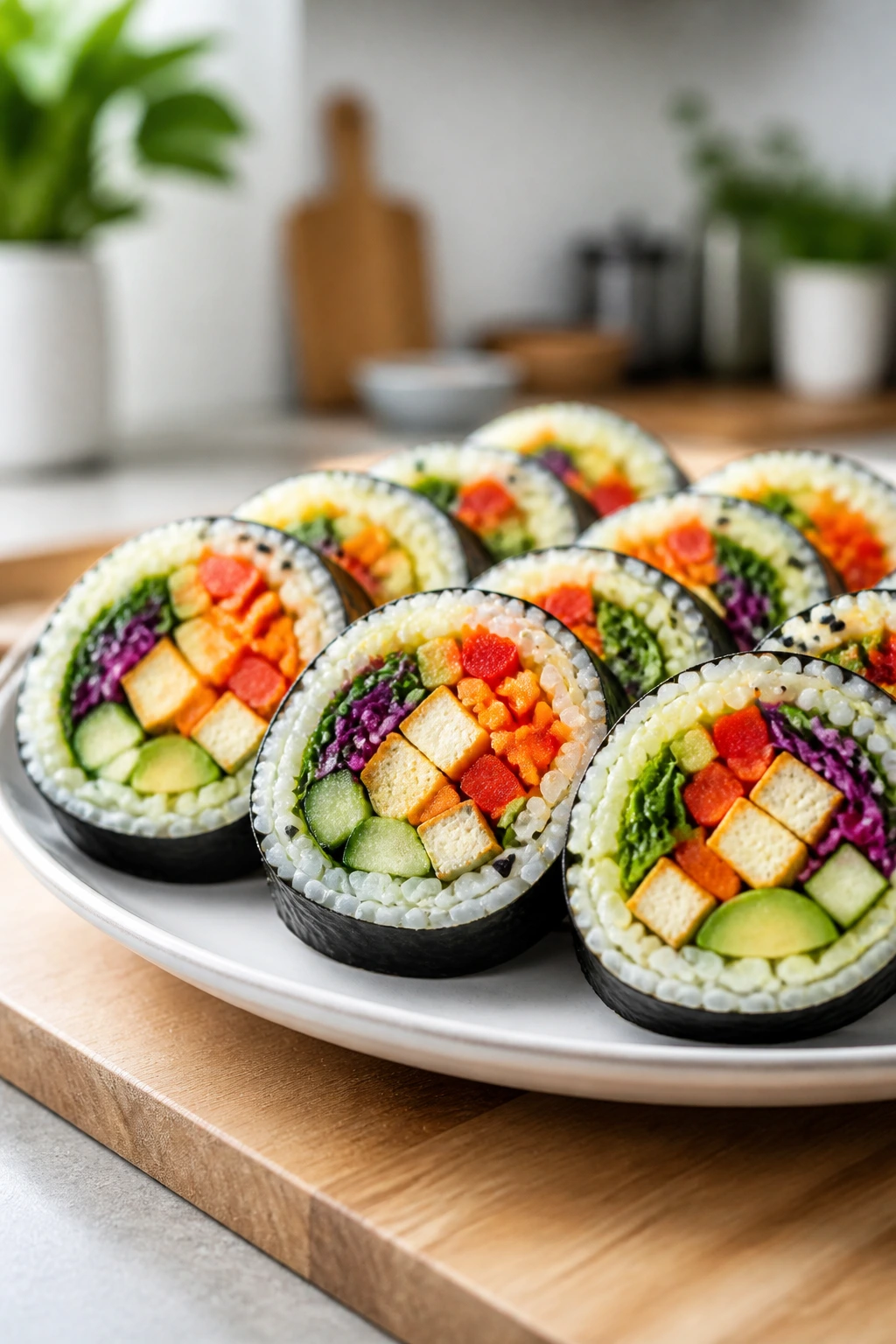 Cross-section of Rainbow Veggie Sushi Rolls with colorful vegetable fillings
