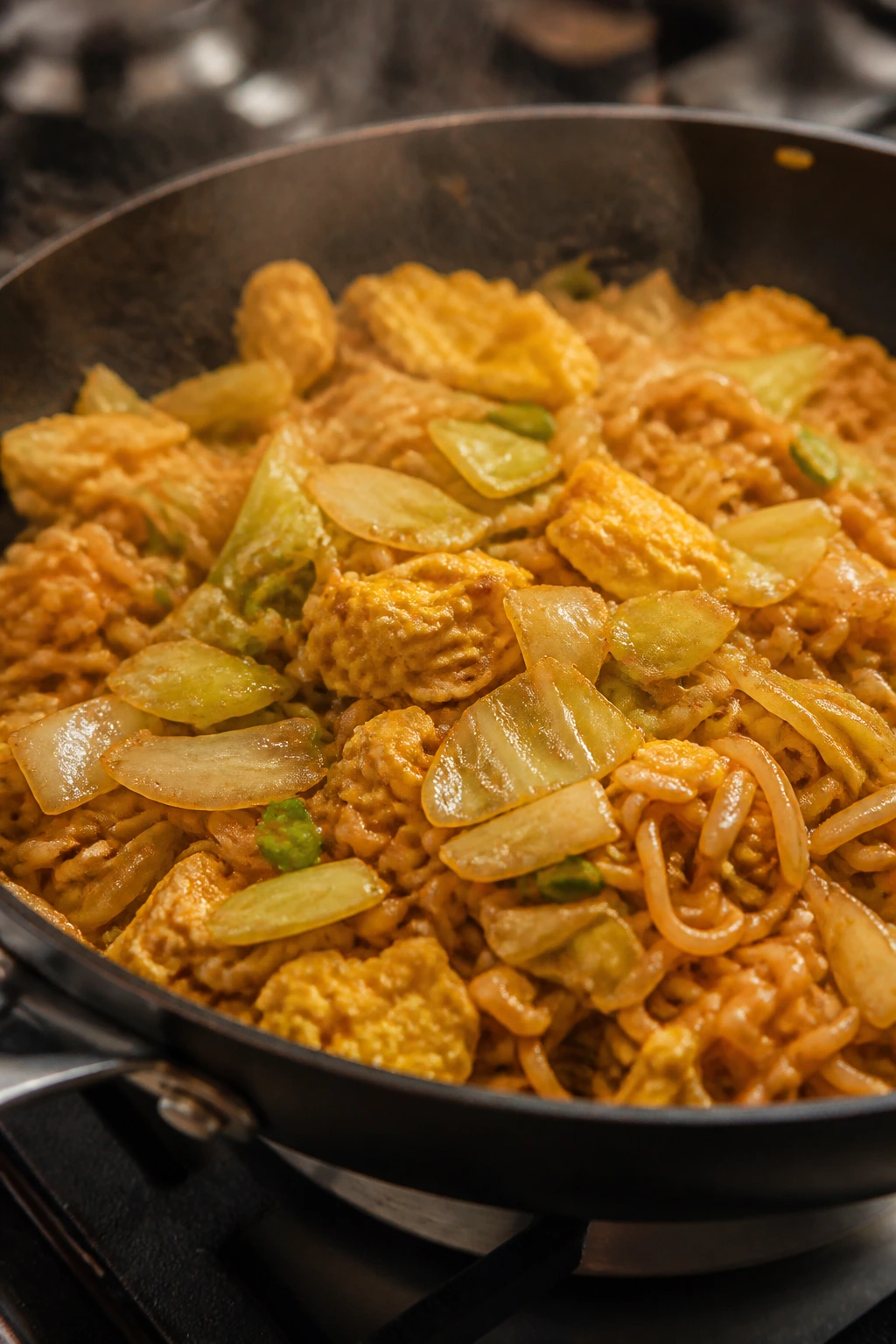 Sizzling ramen stir-fry with cabbage and egg in a hot skillet
