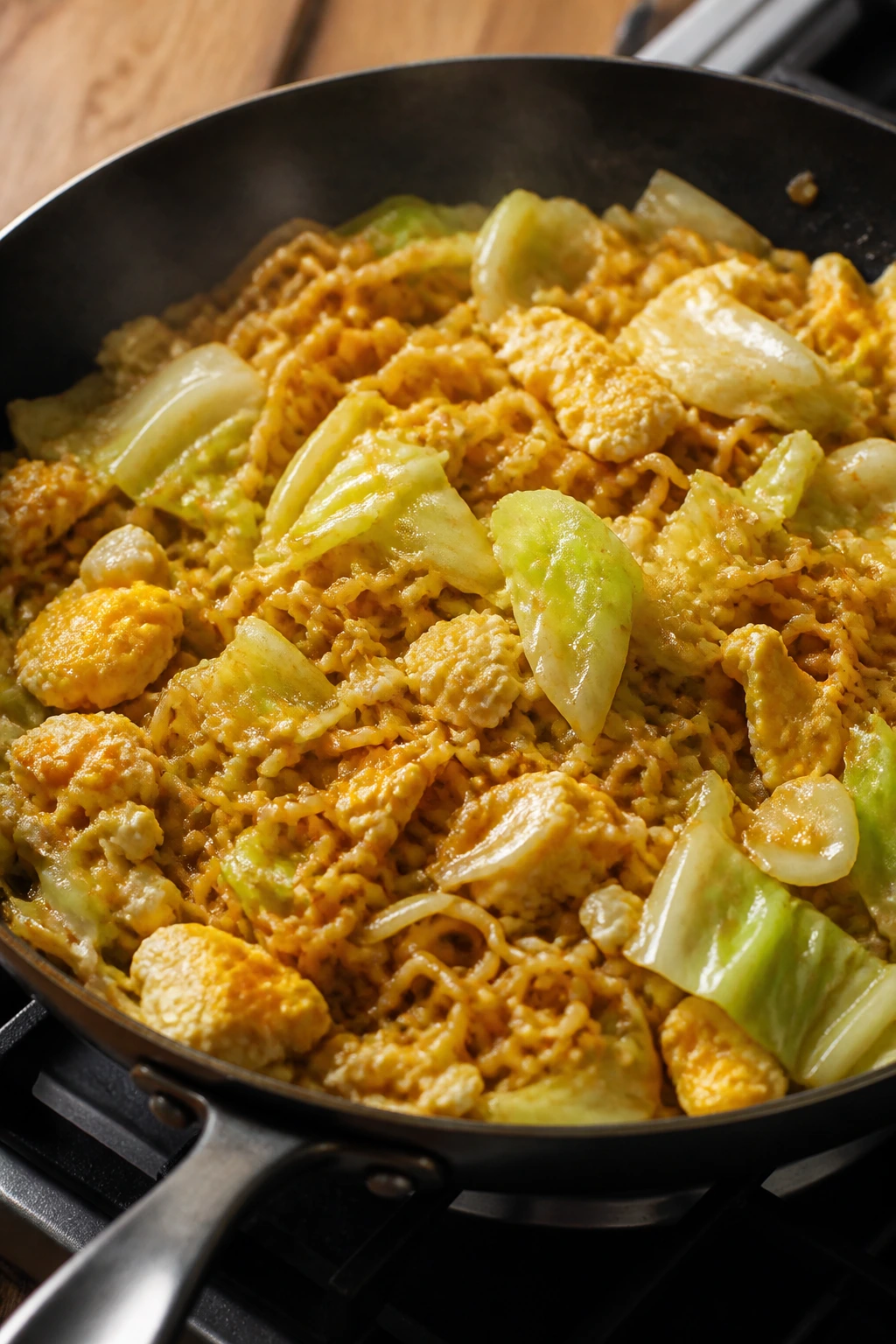 Close-up of ramen stir-fry with egg and cabbage in a home kitchen skillet