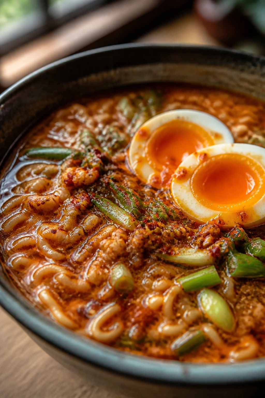 Close-up of ramen bowl with chili oil and soft-boiled egg.