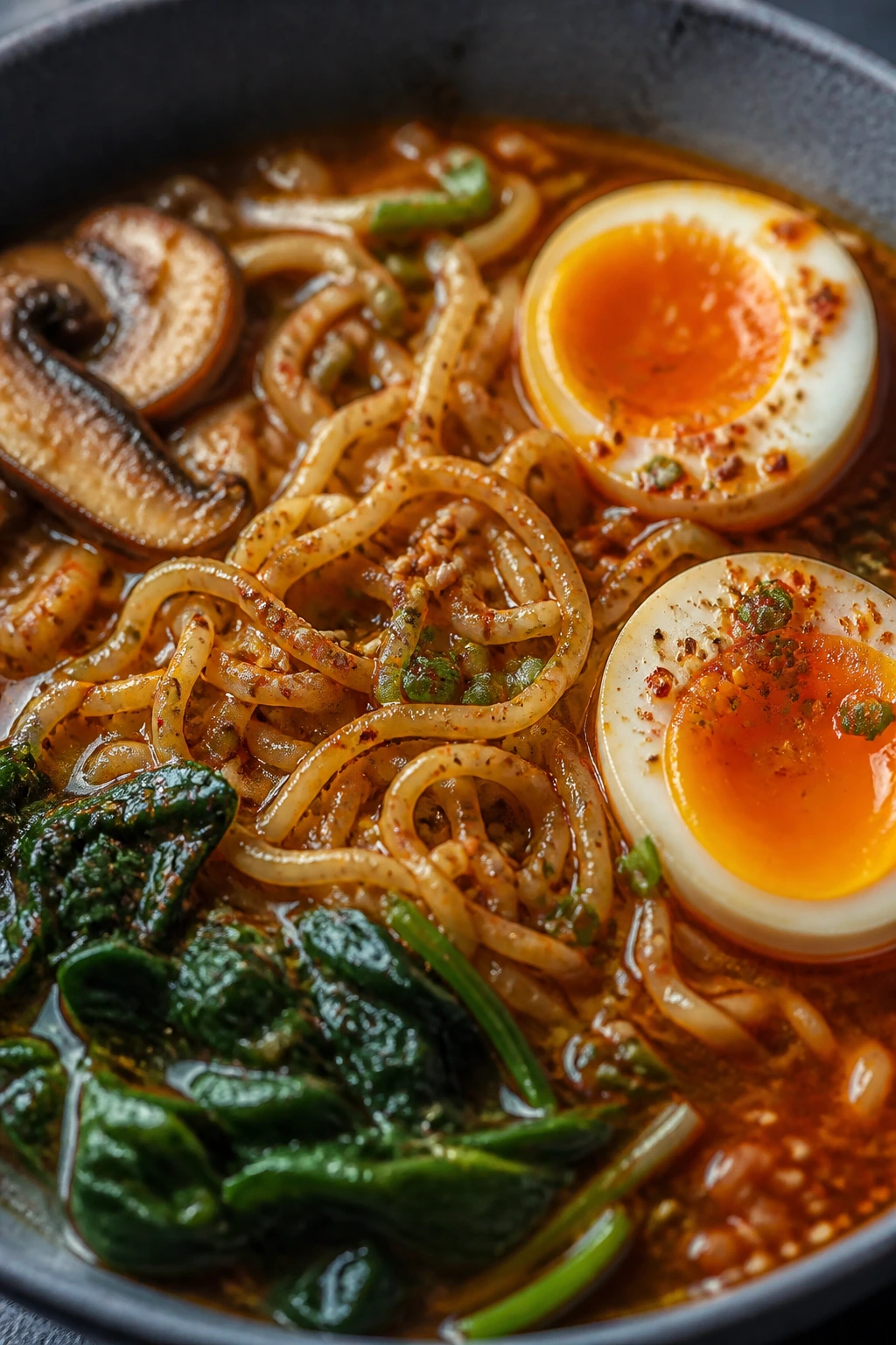 Close-up ramen bowl with jammy eggs in chili garlic broth