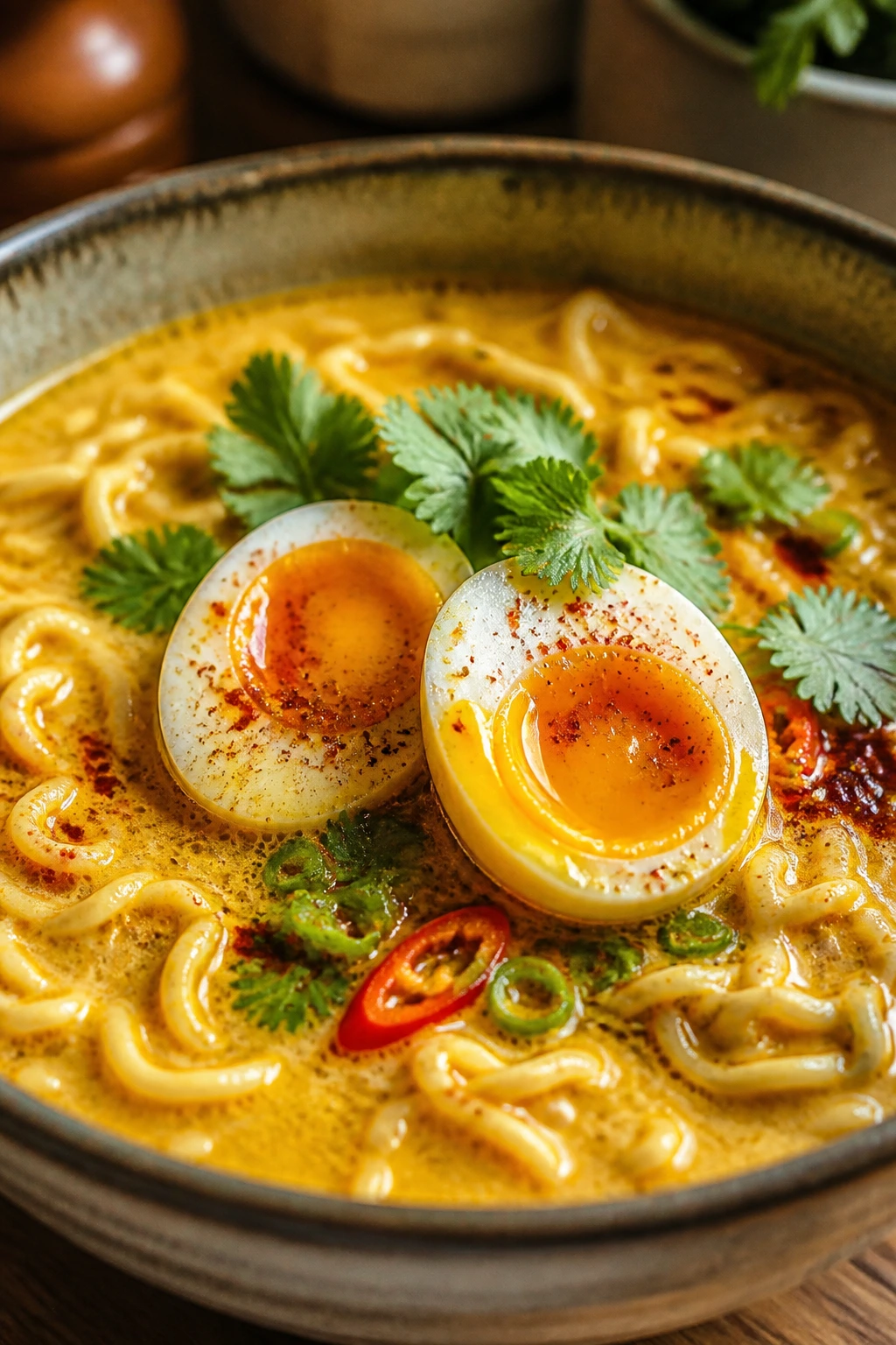 Ramen with curry coconut broth and egg on top