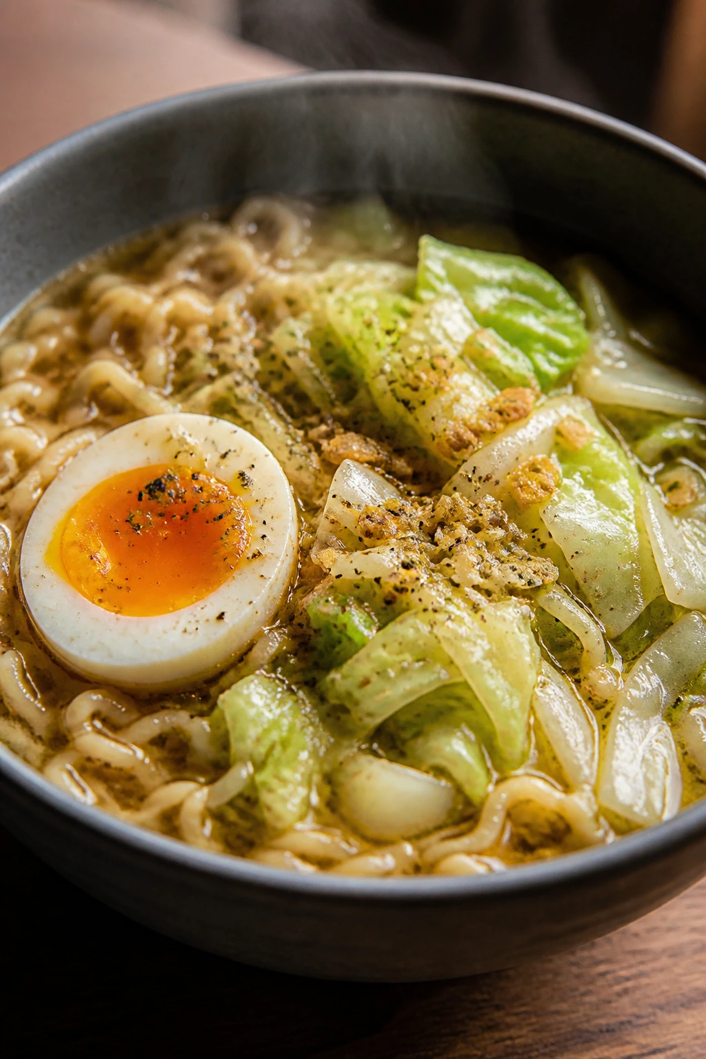 Steaming ramen bowl with egg and cabbage