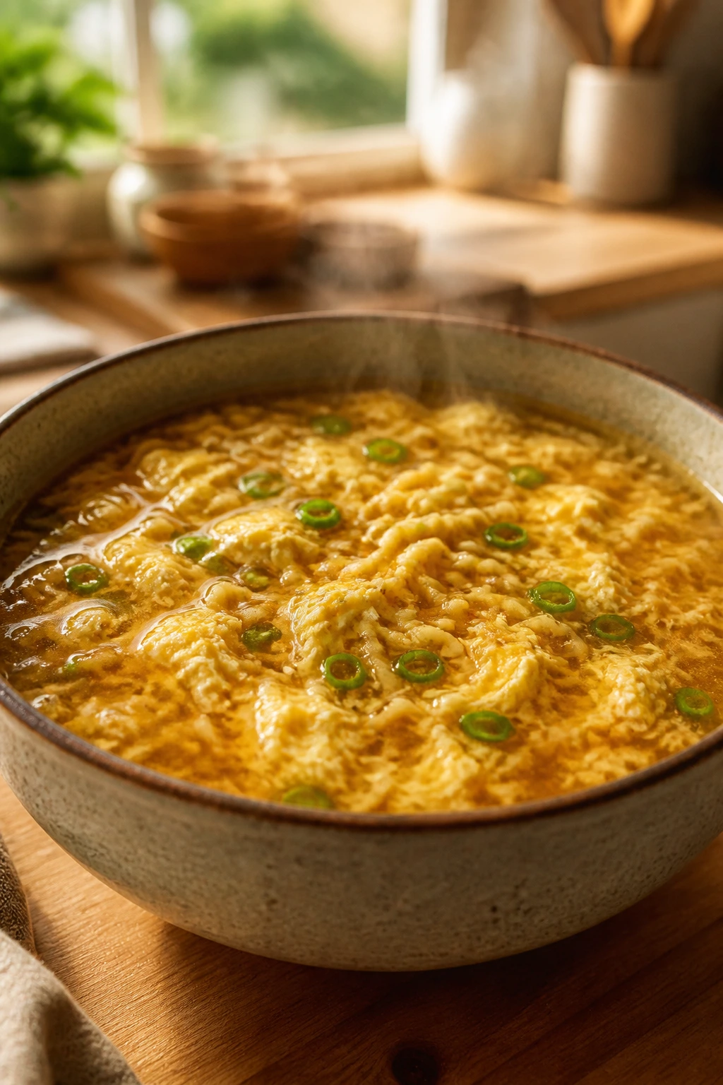Steaming bowl of egg drop ramen with ribbon eggs in a cozy kitchen.