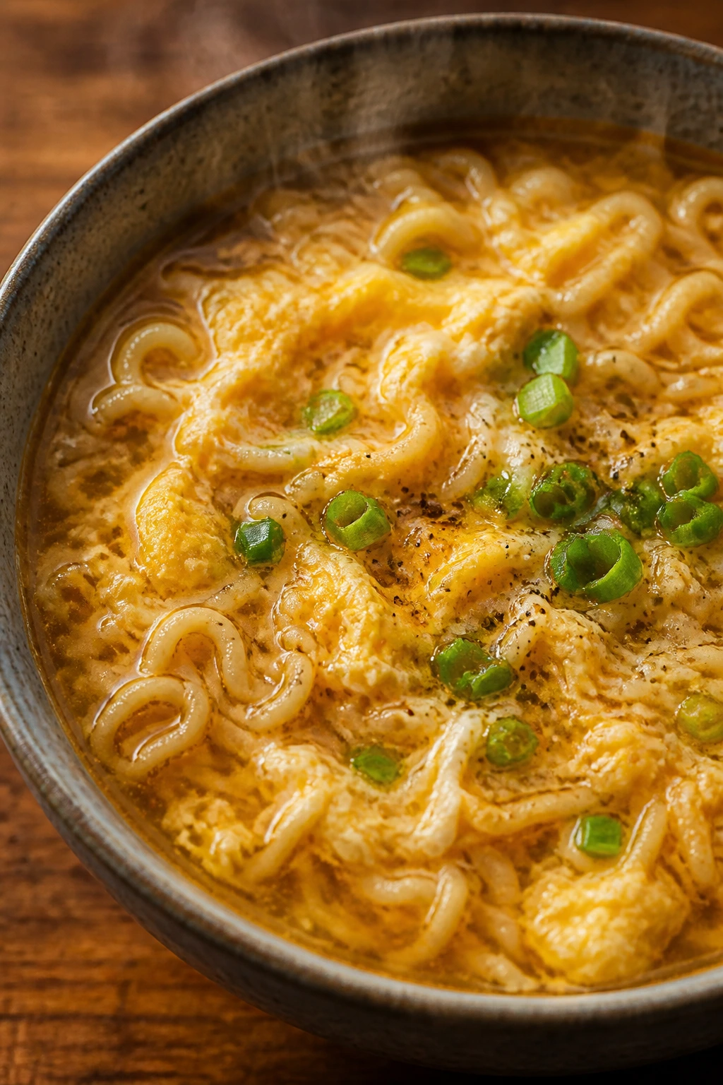 Ramen soup with ribbons of egg in a steaming bowl