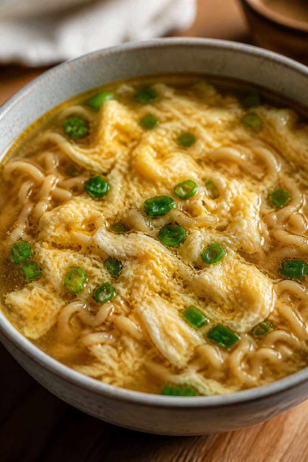 Close up of steaming ramen egg drop soup with egg ribbons in broth