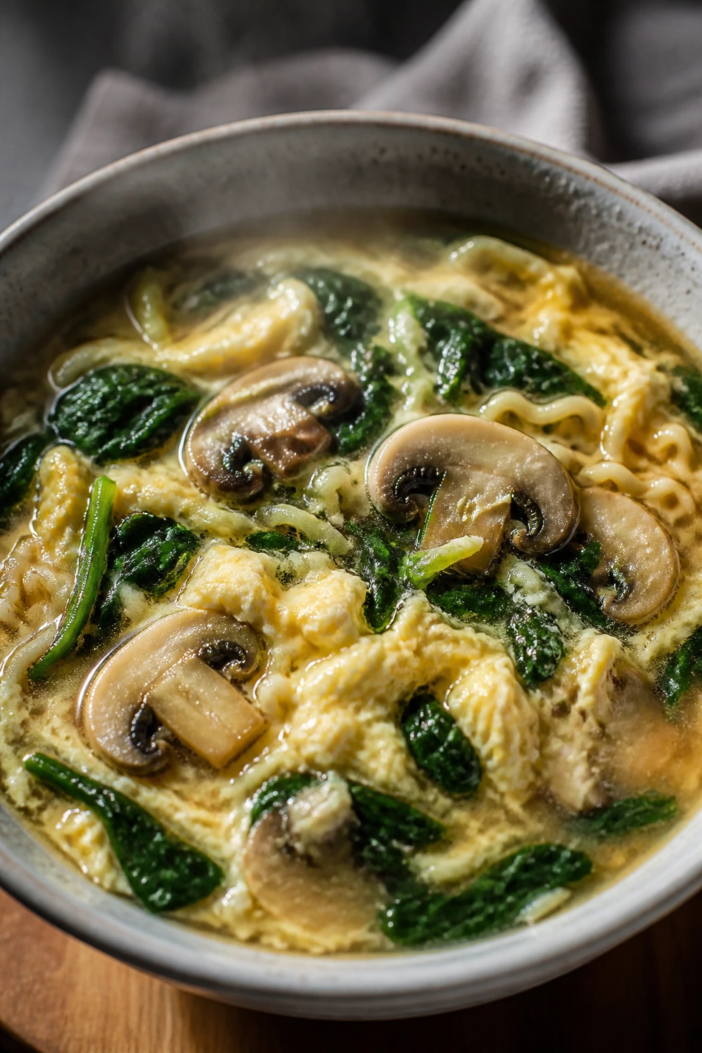 Ramen bowl with egg ribbons spinach and mushrooms