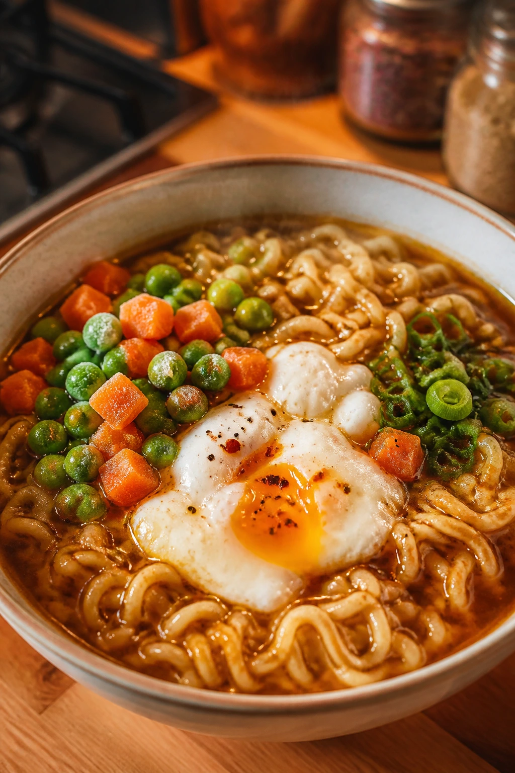 Close-up of a loaded ramen bowl with egg, peas, and carrots in soy broth on a wooden counter