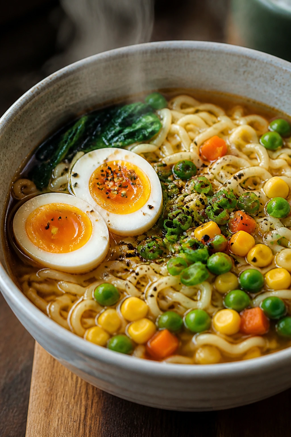 Steaming bowl of ramen with egg and vegetables