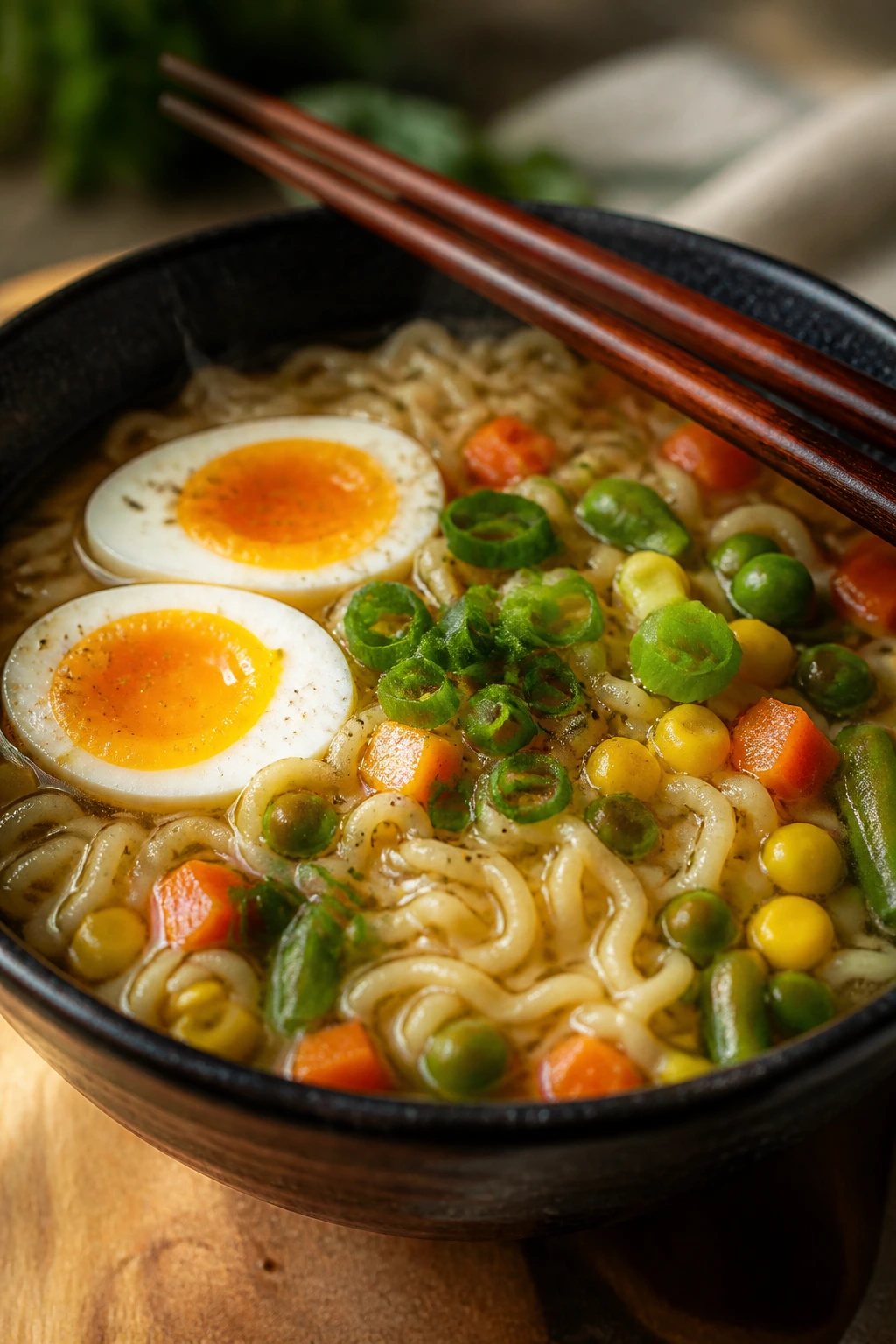 Ramen with egg and vegetables in a steaming bowl