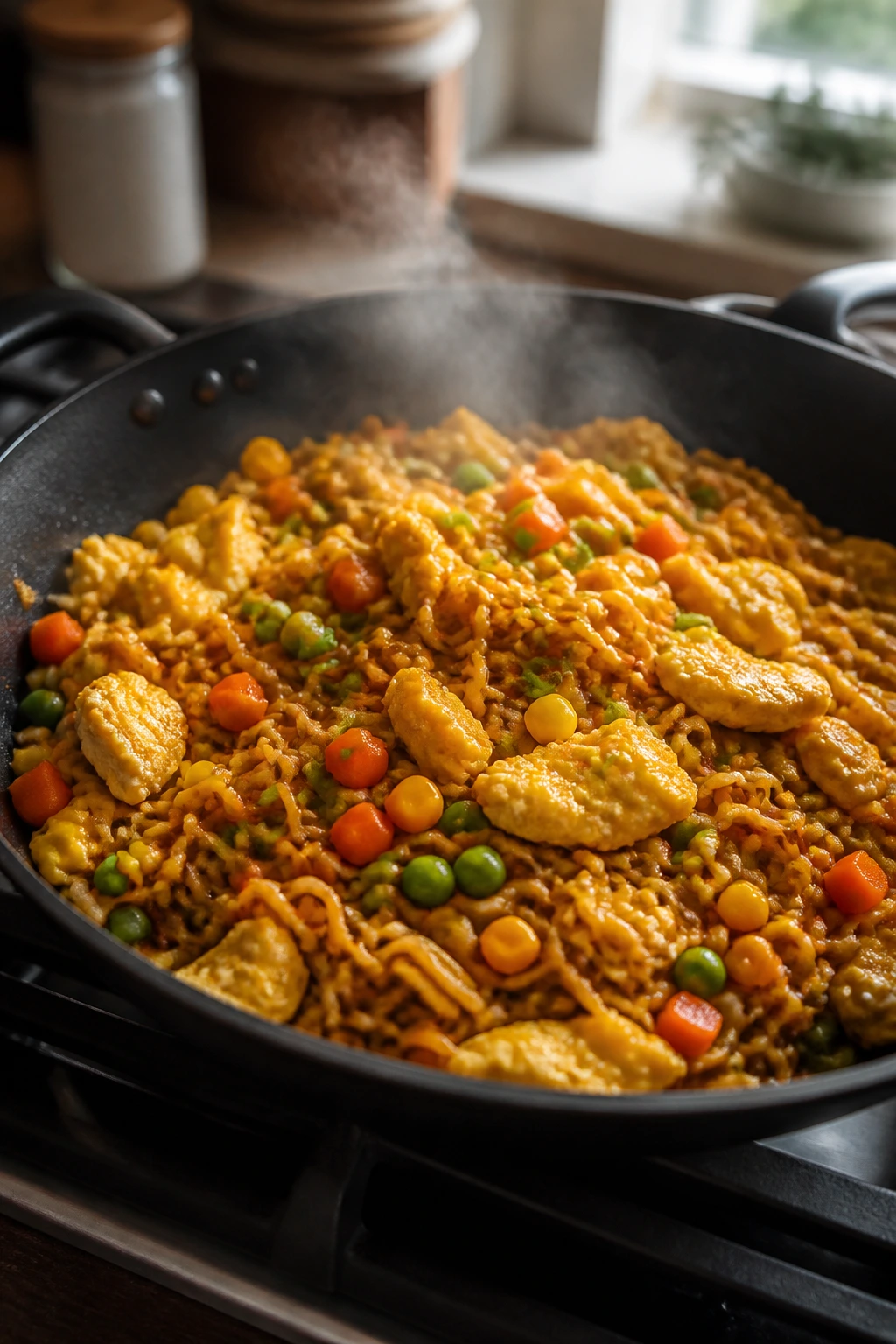 Close-up of ramen stir-fry with eggs and vegetables in a glossy sauce