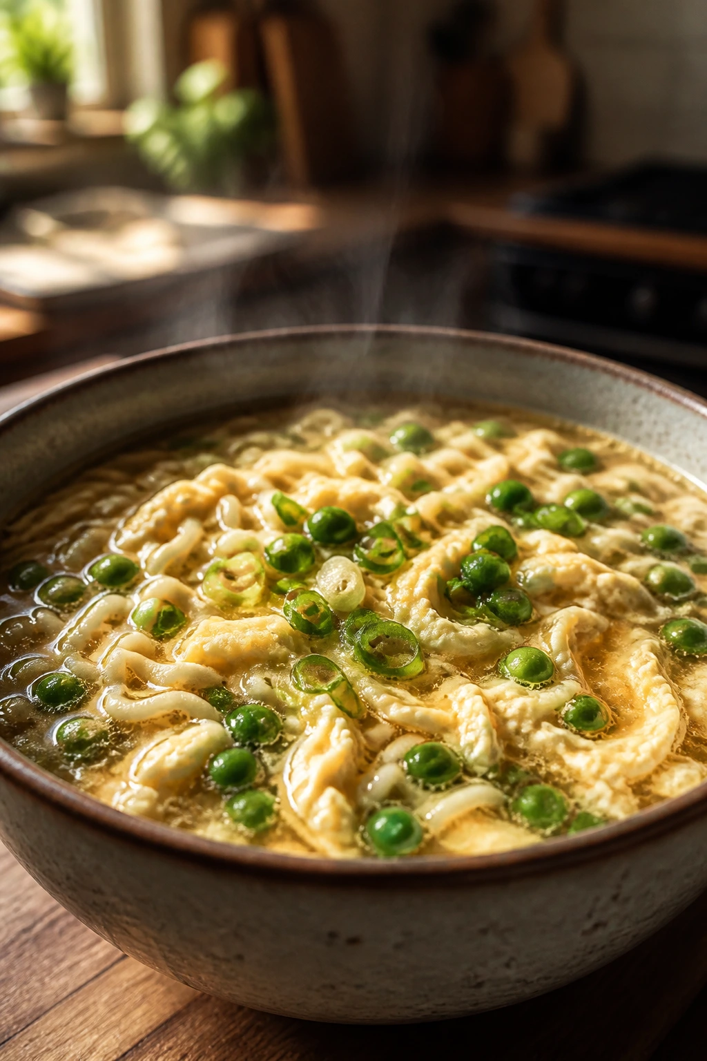 Close-up of easy egg drop ramen with egg ribbons, peas, and scallions in a cozy kitchen