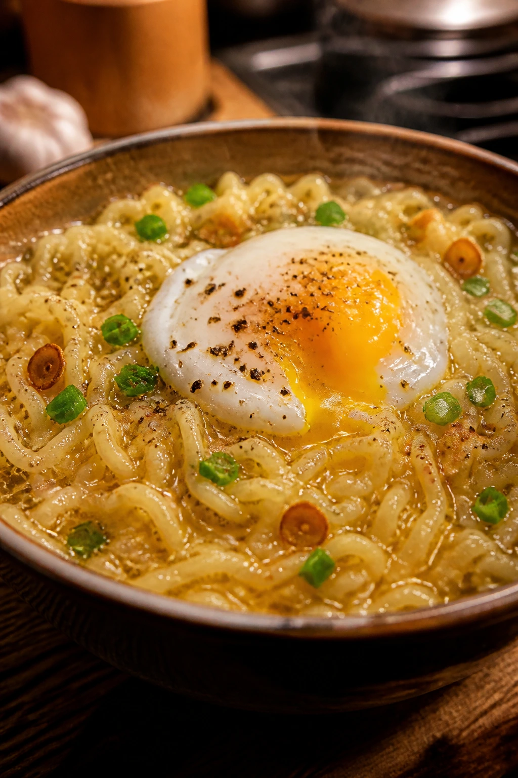 Steaming bowl of garlic butter ramen with a poached egg