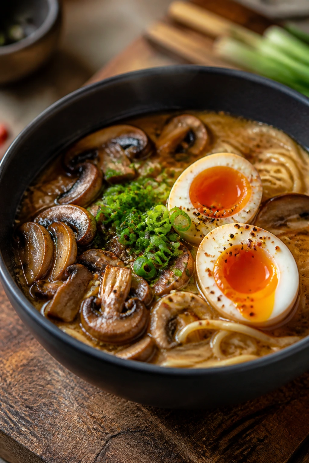 Ramen bowl with miso broth, mushrooms, and soft eggs