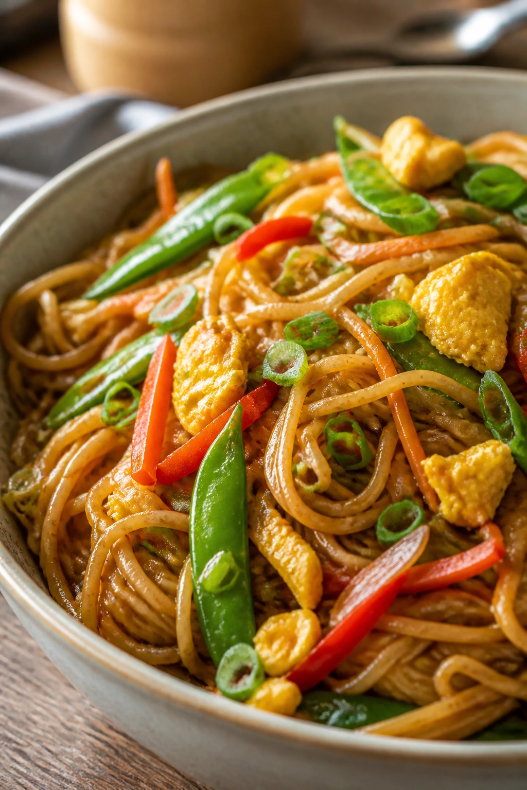 Close-up of ramen noodles with vegetables in a glossy sauce in a bowl.