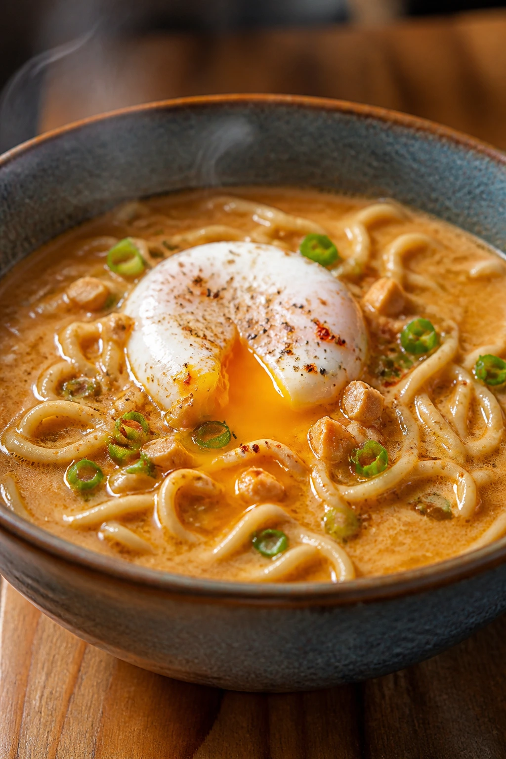 Ramen in peanut butter broth with egg on top.