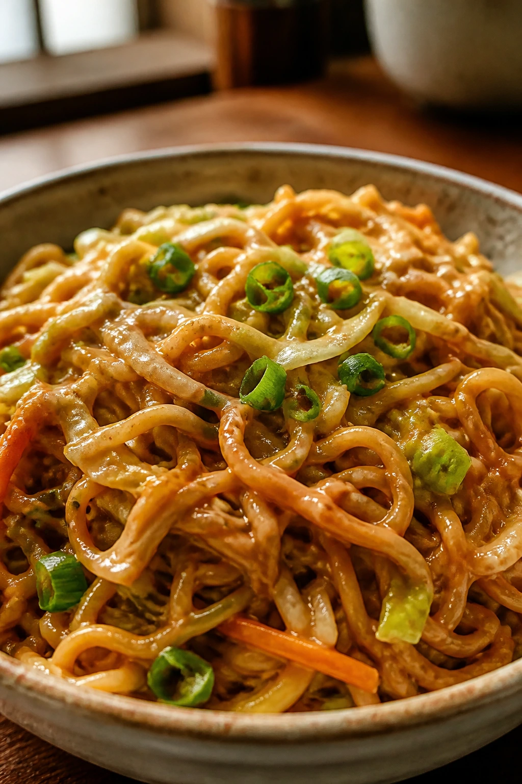 Close-up of ramen noodles in peanut sauce with cabbage and scallions in a bowl