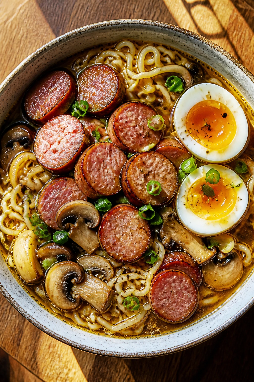 Ramen bowl with smoked sausage, eggs, mushrooms, and broth filling the frame