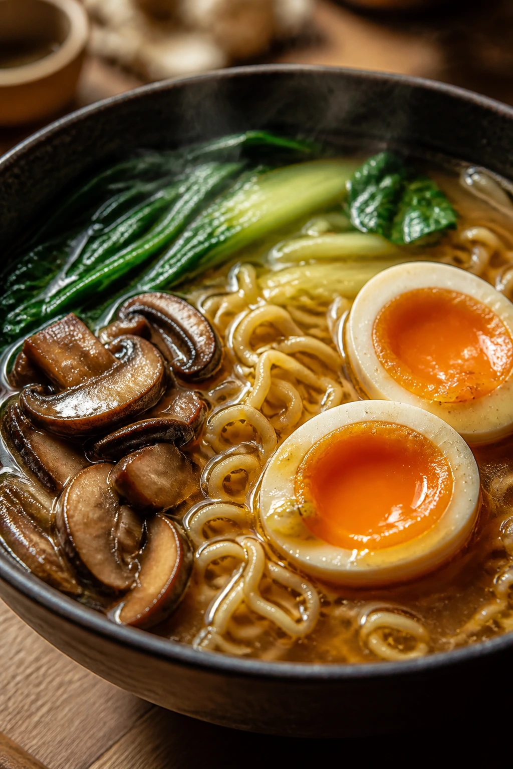 Close-up of ramen with soft-boiled eggs, mushrooms, and bok choy
