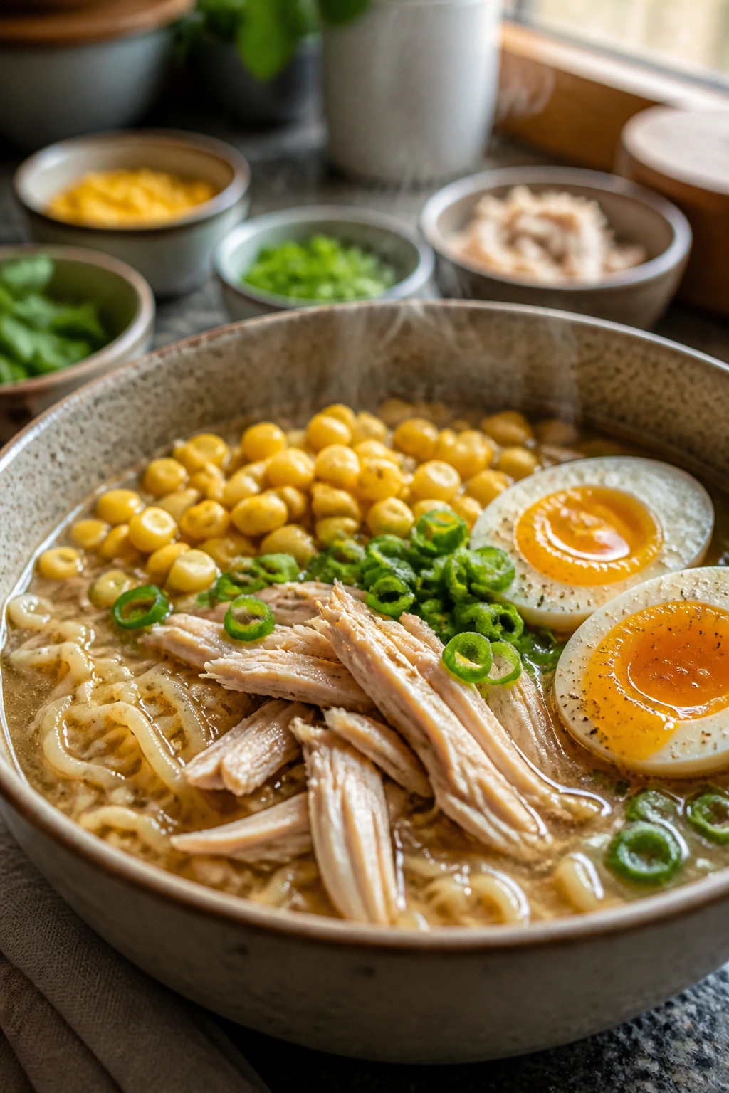 Close-up of ramen bowl with soft eggs and corn on a cozy kitchen counter