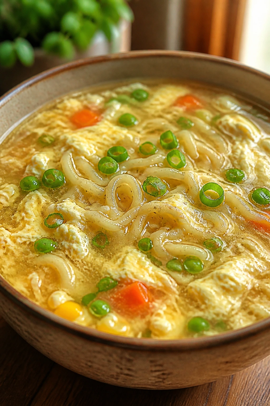 Close-up of ramen egg drop soup in a steaming bowl on a warm kitchen table
