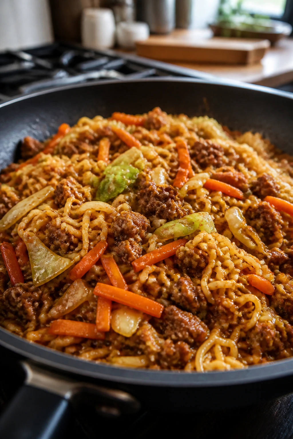 Close-up of ramen beef stir-fry in a skillet with noodles and vegetables