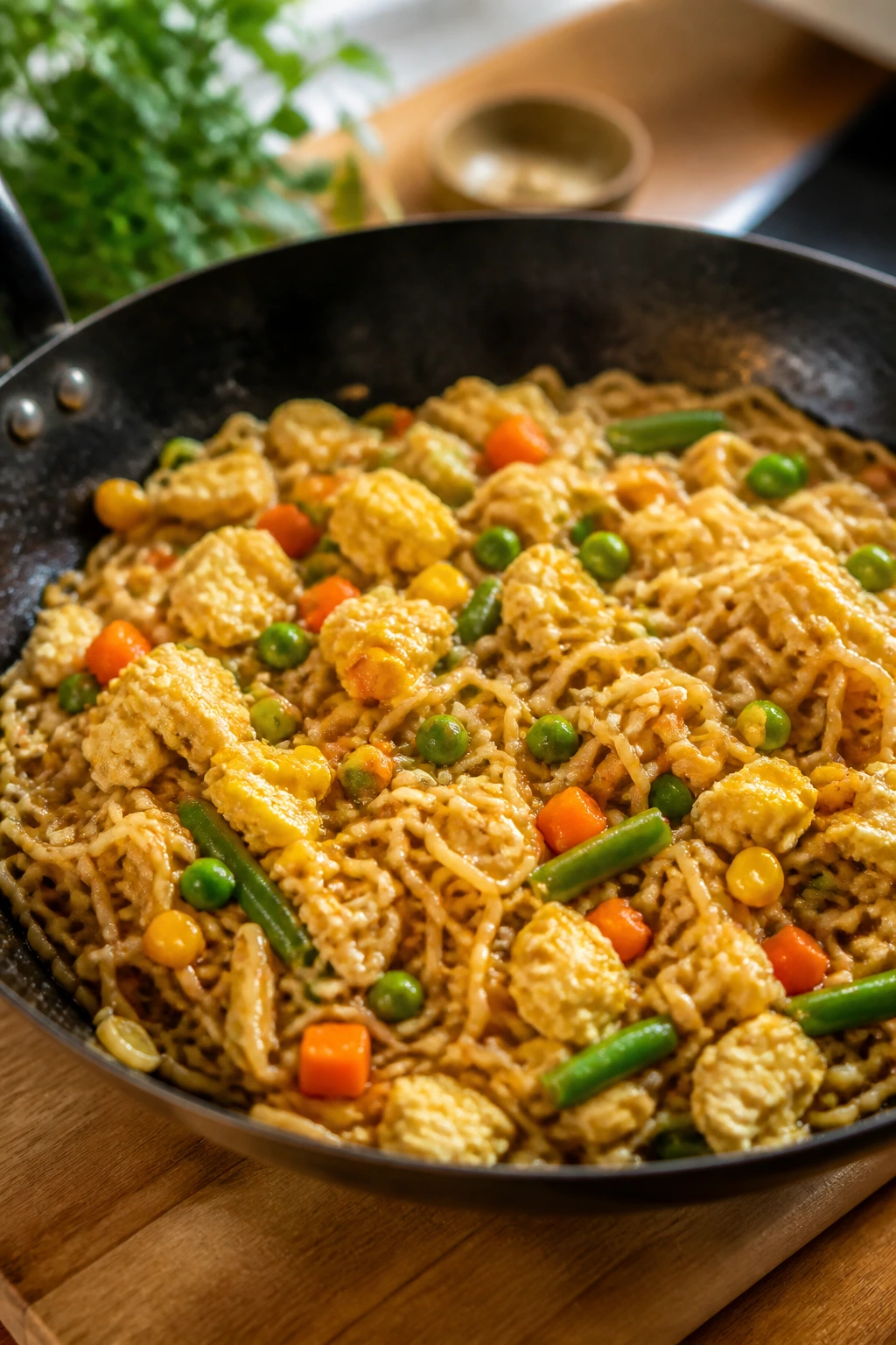 Close-up ramen stir-fry with eggs and vegetables in a skillet.