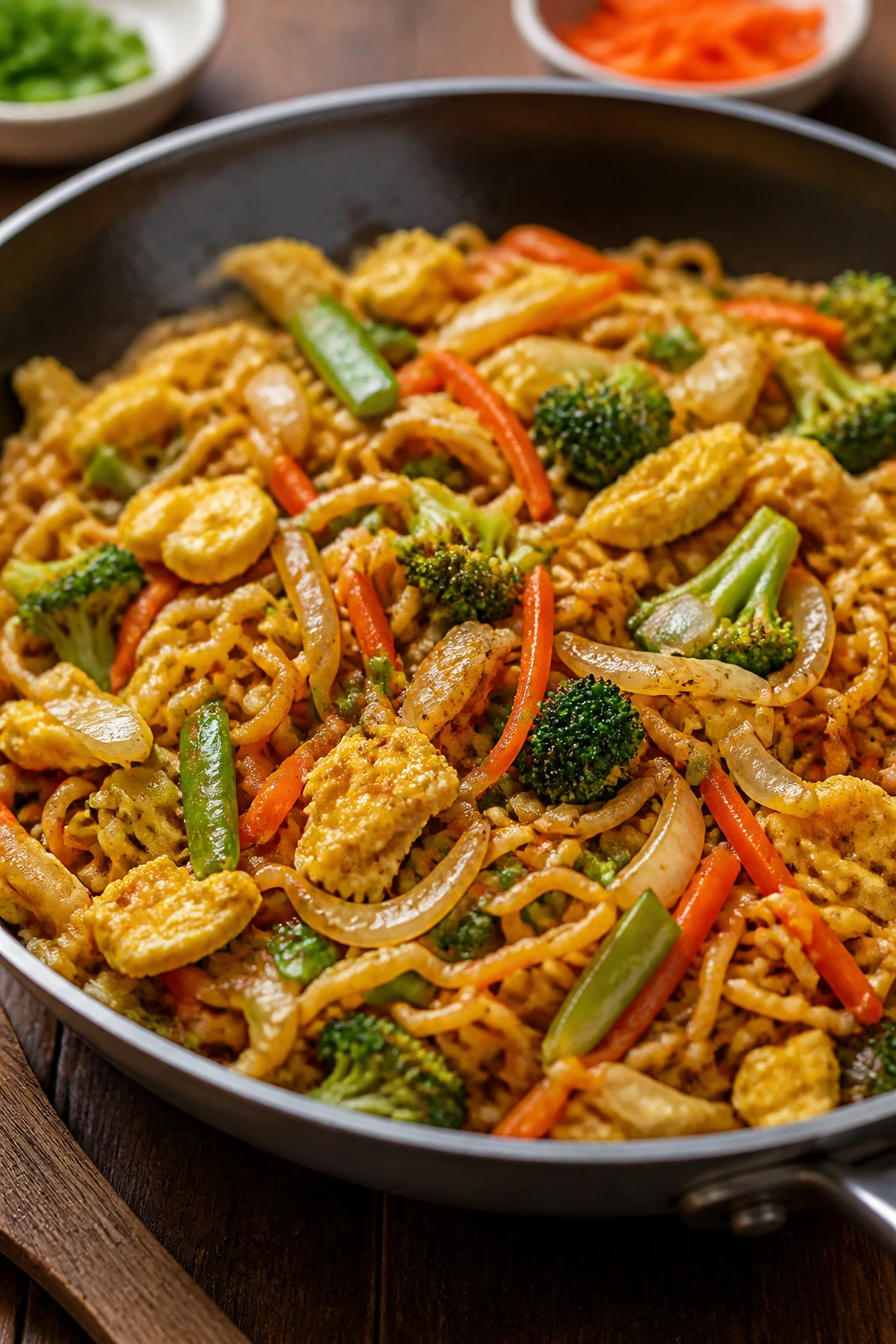 Ramen stir-fry with eggs and vegetables in a pan