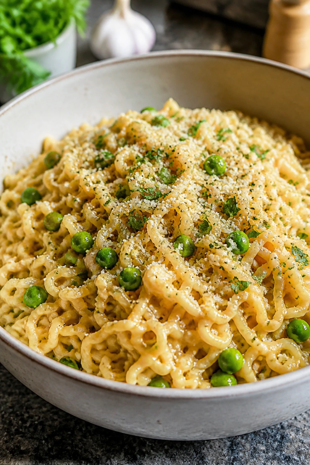 Close-up of ramen stir-fry in a bowl with garlic butter, parmesan, peas, and parsley