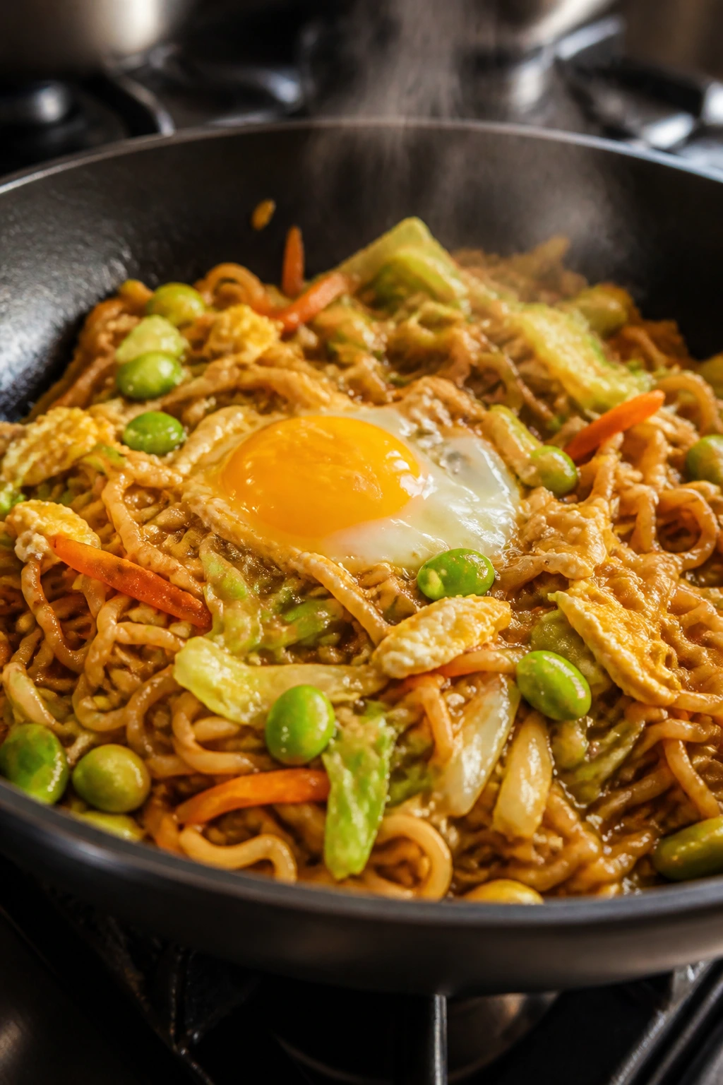 Ramen stir-fry with vegetables and egg in a skillet on a stove