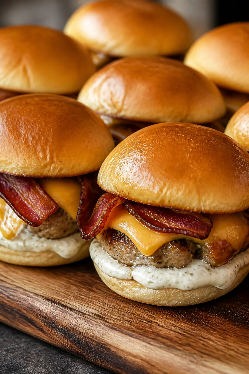 Ranch bacon pork sliders with crisp bacon and cheddar on toasted buns