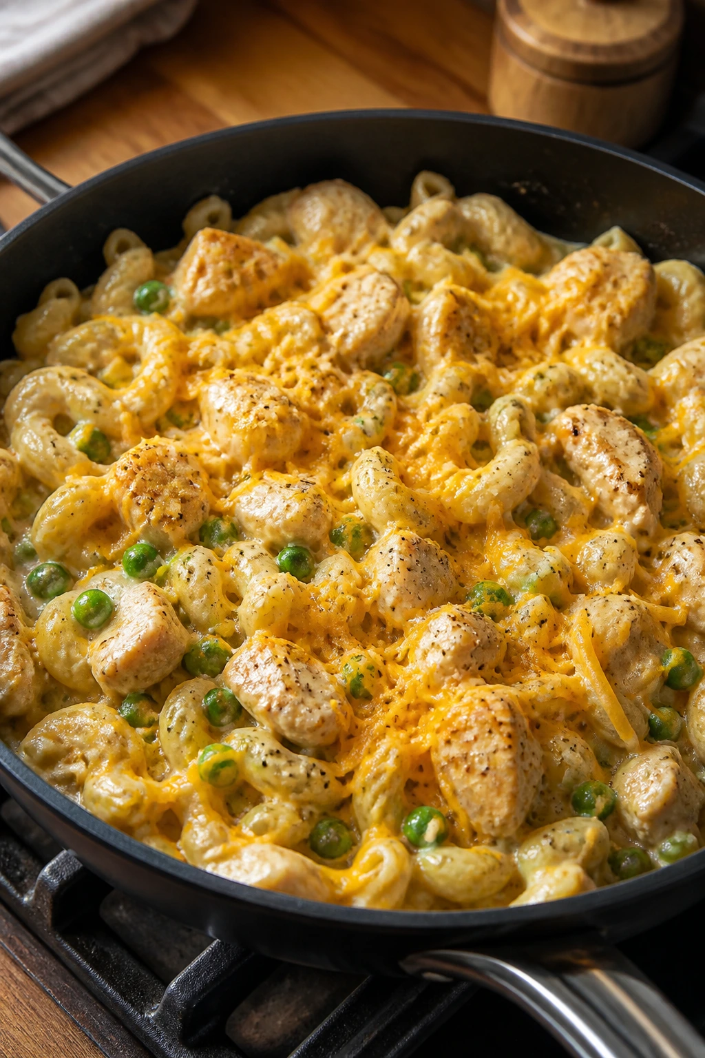 Ranch chicken pasta skillet with chicken, pasta, peas, and cheddar