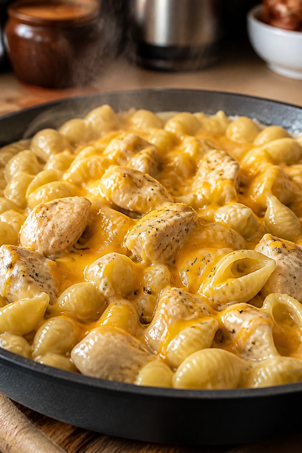 Creamy ranch chicken pasta in a skillet with cheese melting on top