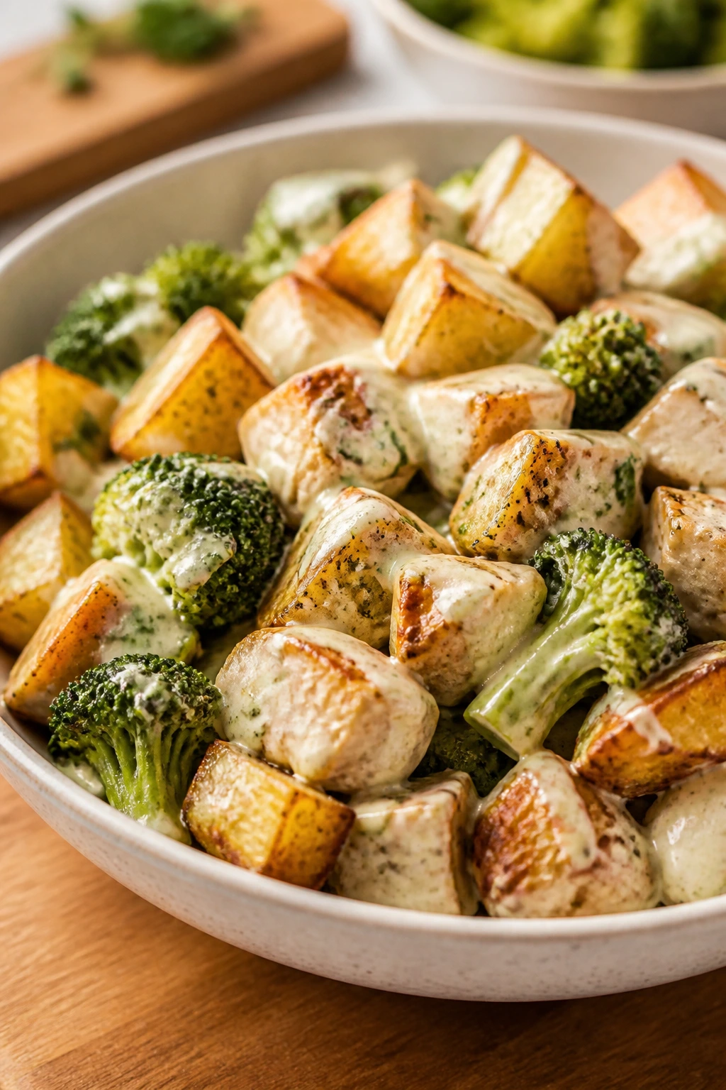 Bowl of ranch-seasoned chicken and potatoes with broccoli