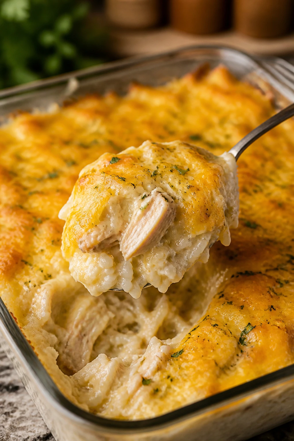 Creamy ranch chicken and rice bake spoonful on a dish.